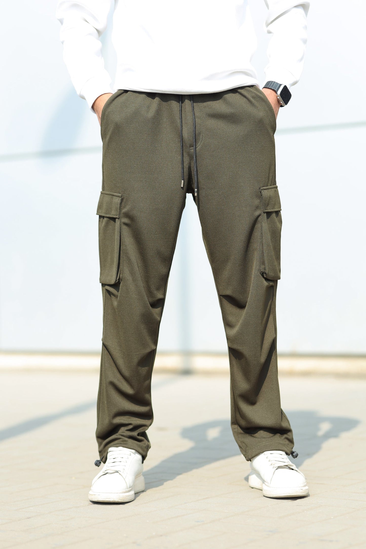 6 Pockets Loose Bottom Imported Pk Cotton Baggy Trouser In Olive