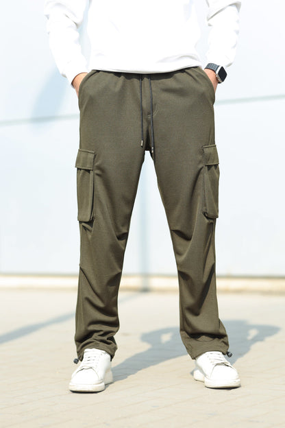 6 Pockets Loose Bottom Imported Pk Cotton Baggy Trouser In Olive