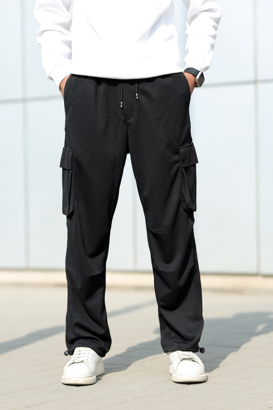 6 Pockets Loose Bottom Imported Pk Cotton Baggy Trouser In Black