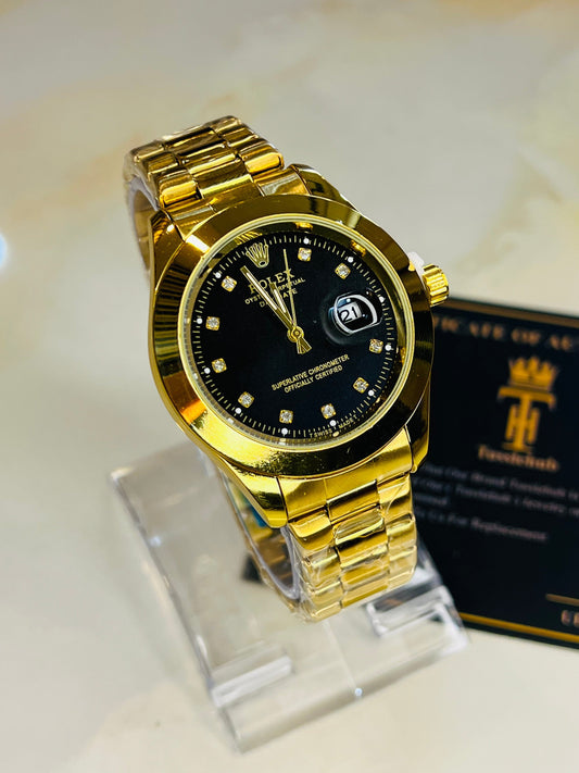 Date Just Gold Black Plain Bezel Watch