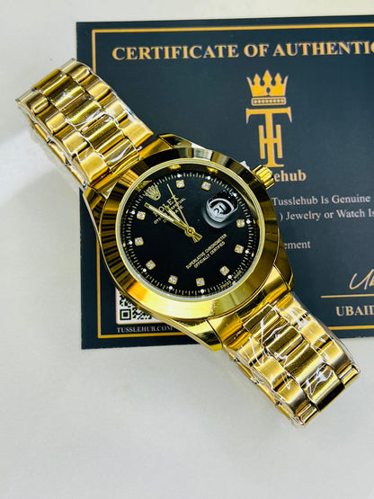 Date Just Gold Black Plain Bezel Watch
