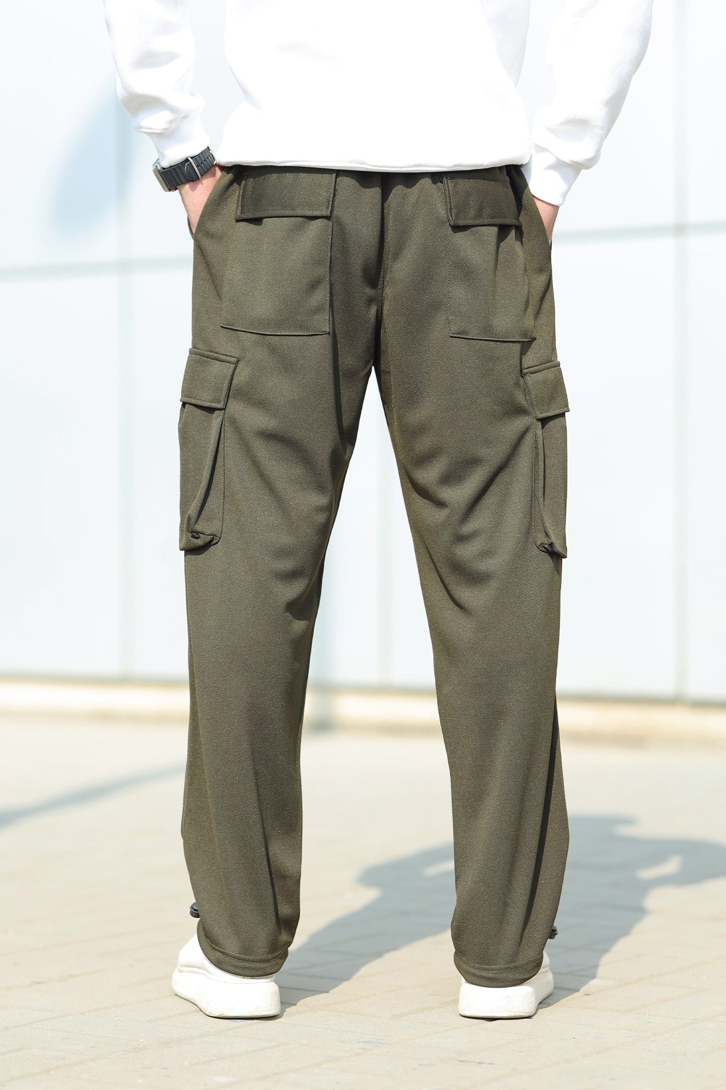 6 Pockets Loose Bottom Imported Pk Cotton Baggy Trouser In Olive