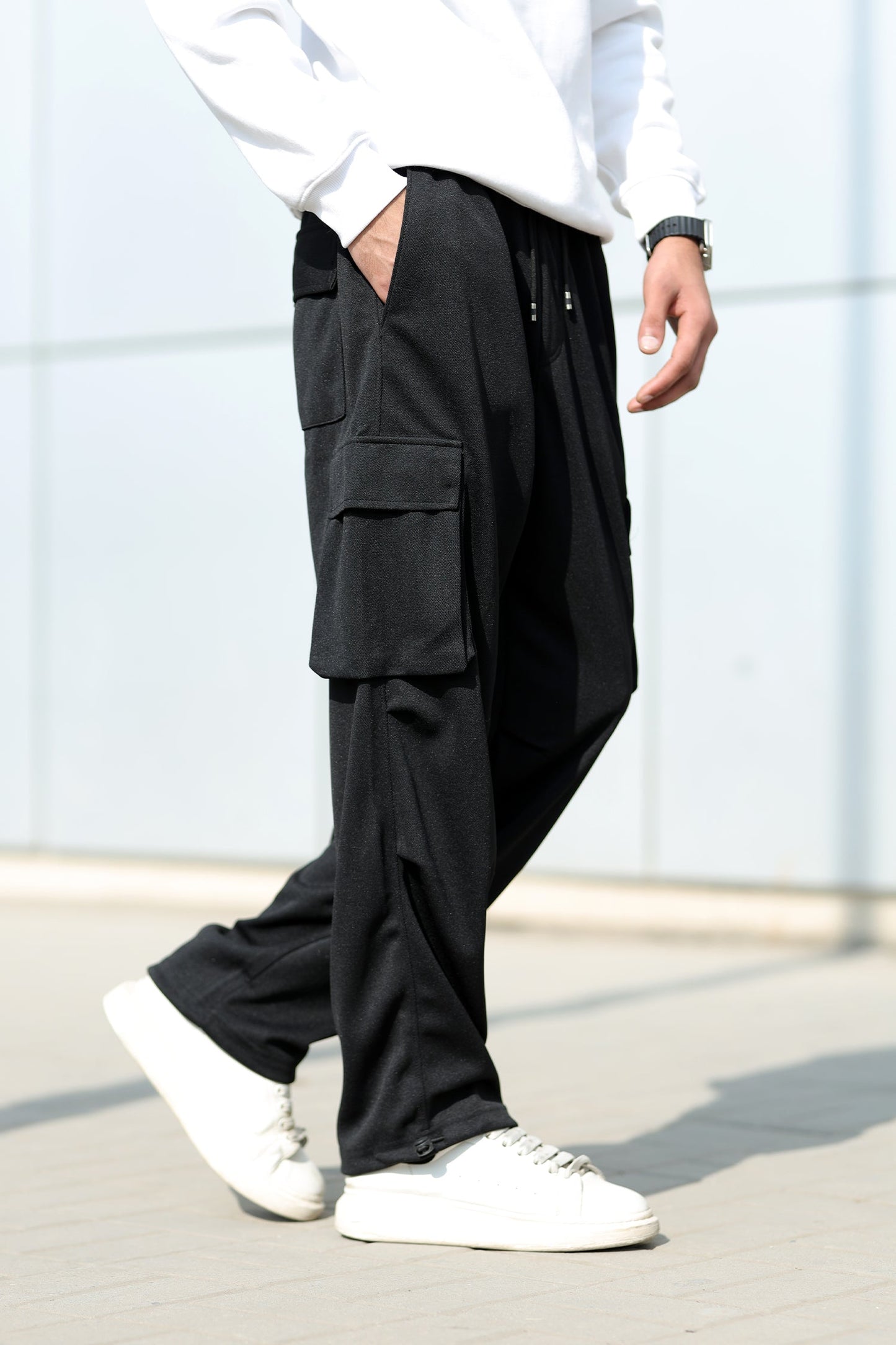 6 Pockets Loose Bottom Imported Pk Cotton Baggy Trouser In Black