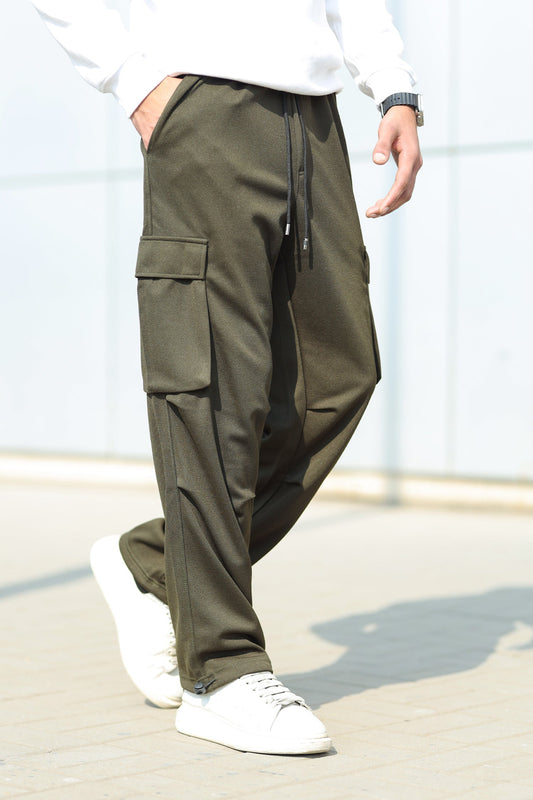 6 Pockets Loose Bottom Imported Pk Cotton Baggy Trouser In Olive